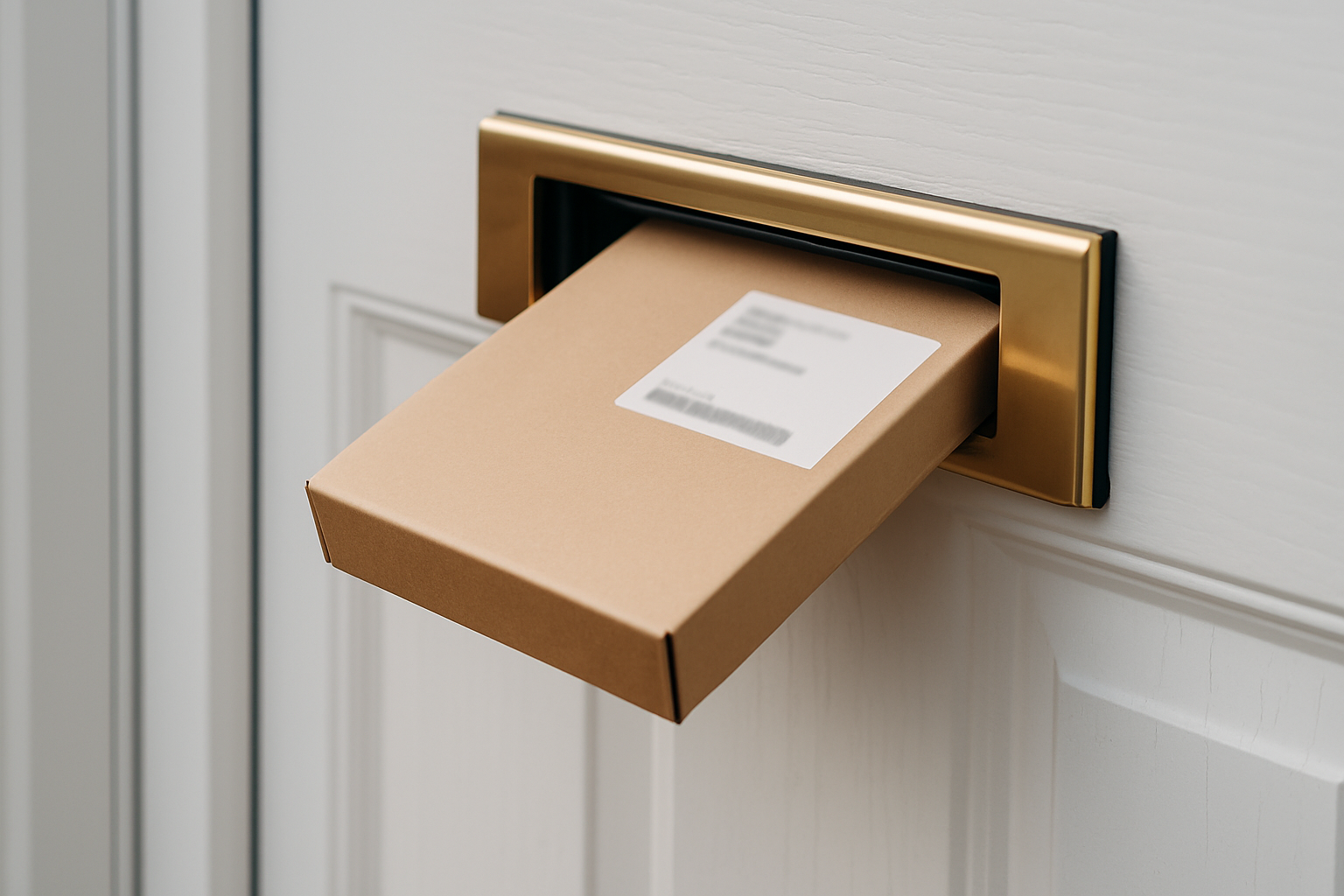 Plain unbranded package through a brass letterbox